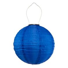 a blue paper lantern hanging from a string