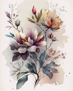 watercolor painting of flowers and leaves on a white background with the words, i am not sure what this image is