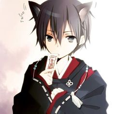 an anime character with black hair and cat ears, holding his hand up to his mouth