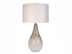 a table lamp with a white shade on the base and a light bulb attached to it