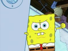 an animated spongebob character holding up a door