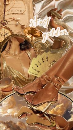 a collage of women's high heels and clocks