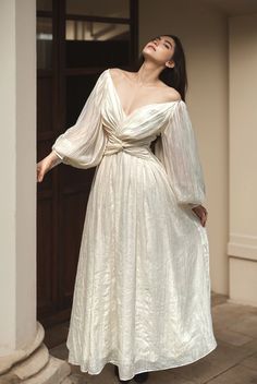 Lasaky - Vintage-inspired Bubble Sleeve Dress with Long Sleeves and Waist-Defining Design Bubble Sleeve Dress, White V Neck Dress, Wedding Guest Gowns, White Vintage Dress, Vintage Boho Dress, Robes Vintage, Long Sleeve Evening Dresses, Cottagecore Dress, Dress Aesthetic