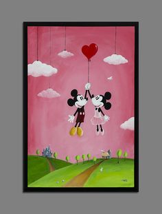 a painting of mickey and minnie mouse hanging from strings with a heart shaped balloon in the sky