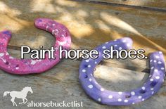 two painted horseshoes sitting next to each other on a wooden bench with the words paint horse shoes