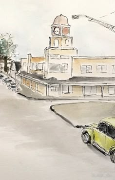 a drawing of a yellow car parked in front of a building with a clock tower