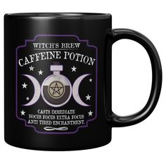 a black coffee mug with witches brew caffeine potion on the front and side