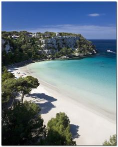 a beach with clear blue water surrounded by trees