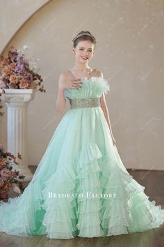 tiffany ruffled neck young girl A-line pageant dress Junior Pageant Dresses, Color Tiffany, Birthday Gown, Tiffany Green, Gown Skirt, Cascading Ruffles, Kids Gown, Ball Gown Skirt, Pageant Dress