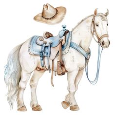 a drawing of a white horse wearing a cowboy's hat and lasso on its back