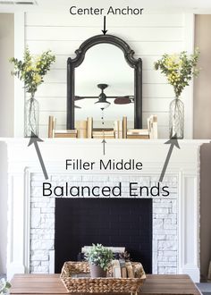 a fireplace with the words filler middle balanced ends and center anchor above it on top