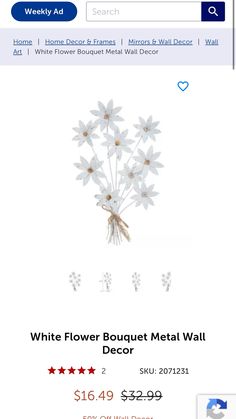 white flower bouquet metal wall decor on sale for $ 6 99 each or $ 29 99 each