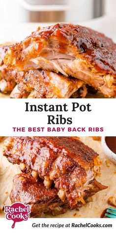 instant pot ribs on a cutting board with bbq sauce in the background and text overlay that reads instant pot ribs the best baby back ribs