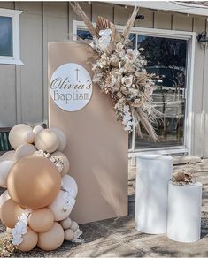 Baptism Balloons, Baptism Decorations Girl, Beige Theme, Baby Shower Balloon Decorations, Christening Decorations, Deco Ballon, First Communion Decorations, Communion Decorations, Baptism Decorations