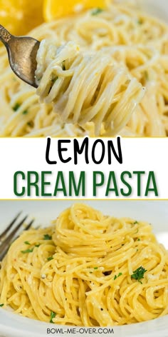 Photo of creamy lemon pasta twirled around forks. Second photo of a pile of pasta on plate. With Pinterest overlay. Creamy Lemon Garlic Pasta, Lemon Cream Pasta, Lemon Spaghetti, Lemon Garlic Pasta, Cream Sauce Pasta, Cream Pasta, Garlic Pasta, Lemon Pasta