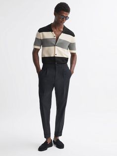 Reiss Black Seville Striped Cuban Collar Button Through T-Shirt Warm Tone, Tailored Trousers, Seville, Stripes Design, Tshirts Online, Shirt Online, Next Uk