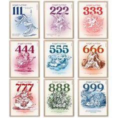 six different colored numbers are shown in the same color and number pattern, each with an angel