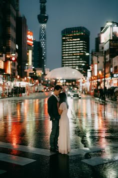 a man and woman standing under an umbrella in the rain on a city street at night