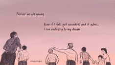 a drawing of a group of people standing in front of a pink sky with the words forever are young