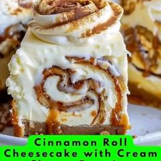 a piece of cinnamon roll cheesecake with cream filling