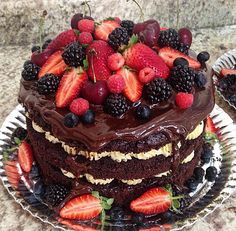 a chocolate cake with strawberries and blackberries on top