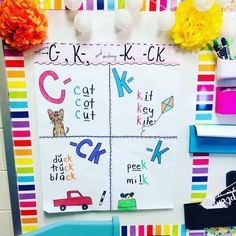 a colorful bulletin board with letters and pictures on it