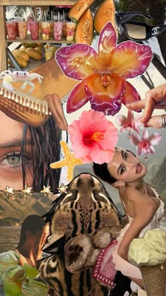 a collage of photos with flowers and other things in the background, including an image of a woman's face