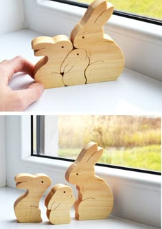 woodworking projects box with two wooden rabbits in front of a window sill and the words, woodworking projects box