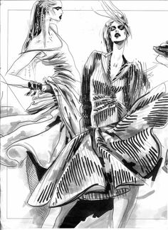 black and white drawing of two women in dresses