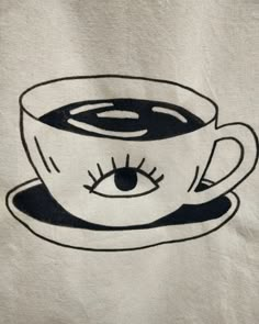 a drawing of a coffee cup with eye lashes on it's side, in black and white