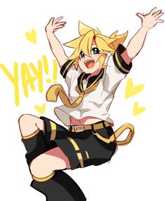 an anime character is jumping in the air with her arms up and legs spread out