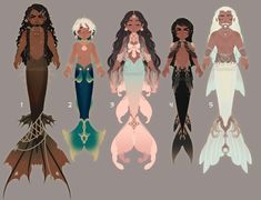 four different types of mermaids with long hair and tails, all in different colors