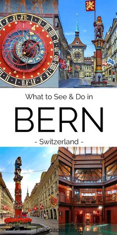 a collage of pictures with the words bern and images of buildings in germany, including a clock tower