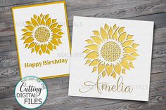 two greeting cards with the words, happy birthday and an image of a sunflower