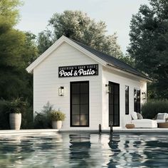 a small pool house next to a swimming pool