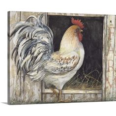 a painting of a rooster standing in an open window