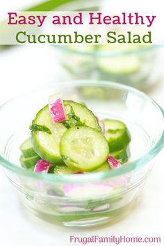 cucumber salad in a glass bowl with text overlay