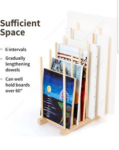 the wooden magazine rack is holding pictures and magazines on it's sides, with text describing