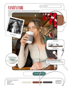 a woman holding a coffee cup in her right hand while sitting at a table with pictures on it