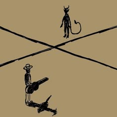 a drawing of a man standing on top of a pole next to another person with a hat