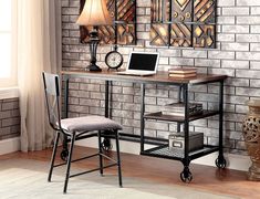 a laptop computer sitting on top of a wooden desk next to a lamp and chair