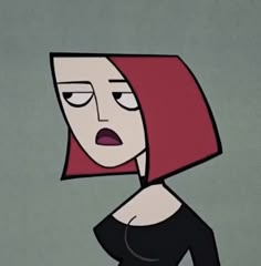 an animated woman with red hair and black top on her head looking at the camera