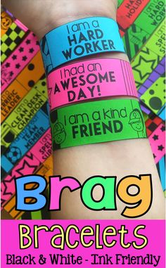 three bracelets with words on them that say, brag bracelets black and white - ink friendly