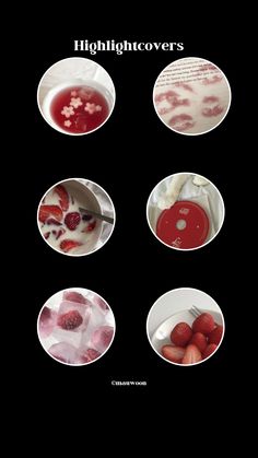 four plates with different foods in them on a black background, including strawberries and yogurt