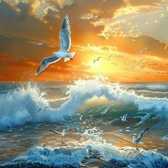 a painting of seagulls flying over the ocean with waves and sunset in the background