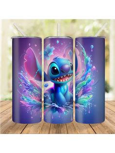 the stitchy stitchie is painted on this purple and blue canister with an image of