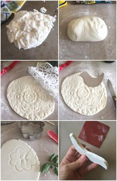 four pictures showing how to make homemade pizza dough