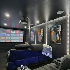 a home theater with blue couches and pictures on the wall