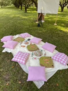 a picnic blanket with pink and white checkered pillows on it in the middle of an open field