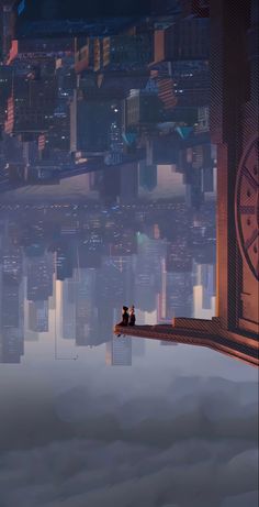 two people are sitting on a ledge in front of a large clock tower overlooking the city